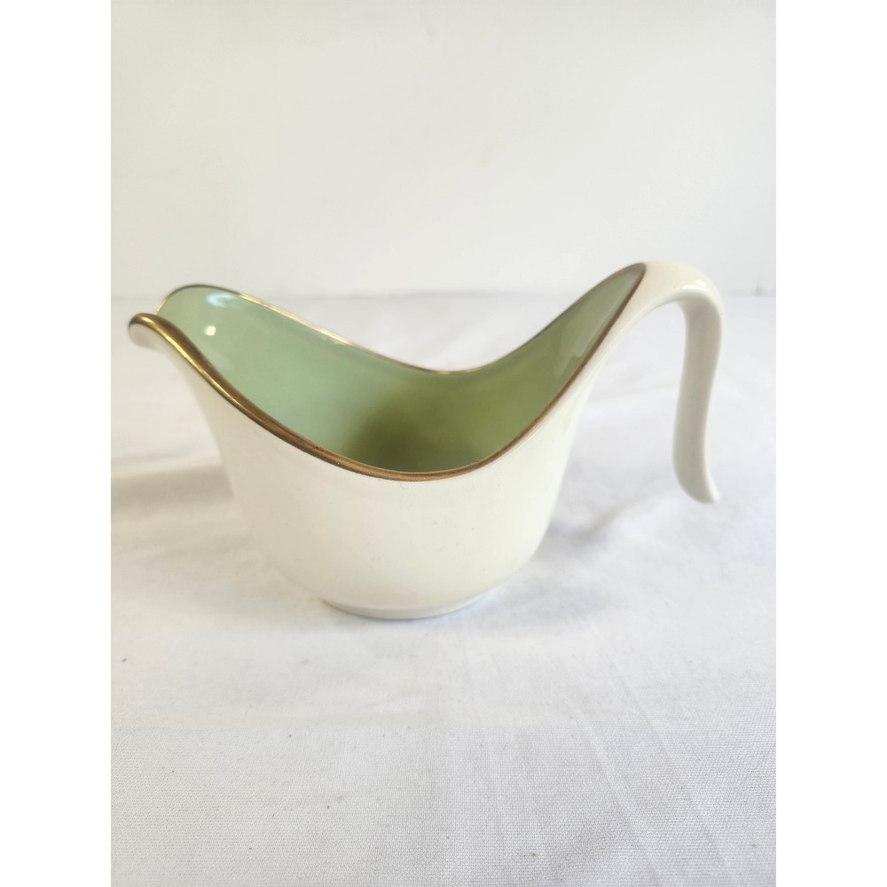 Vintage Mid Century Modern Ceramic Gravy Boat Cream Green with Gold Trim 7.5in